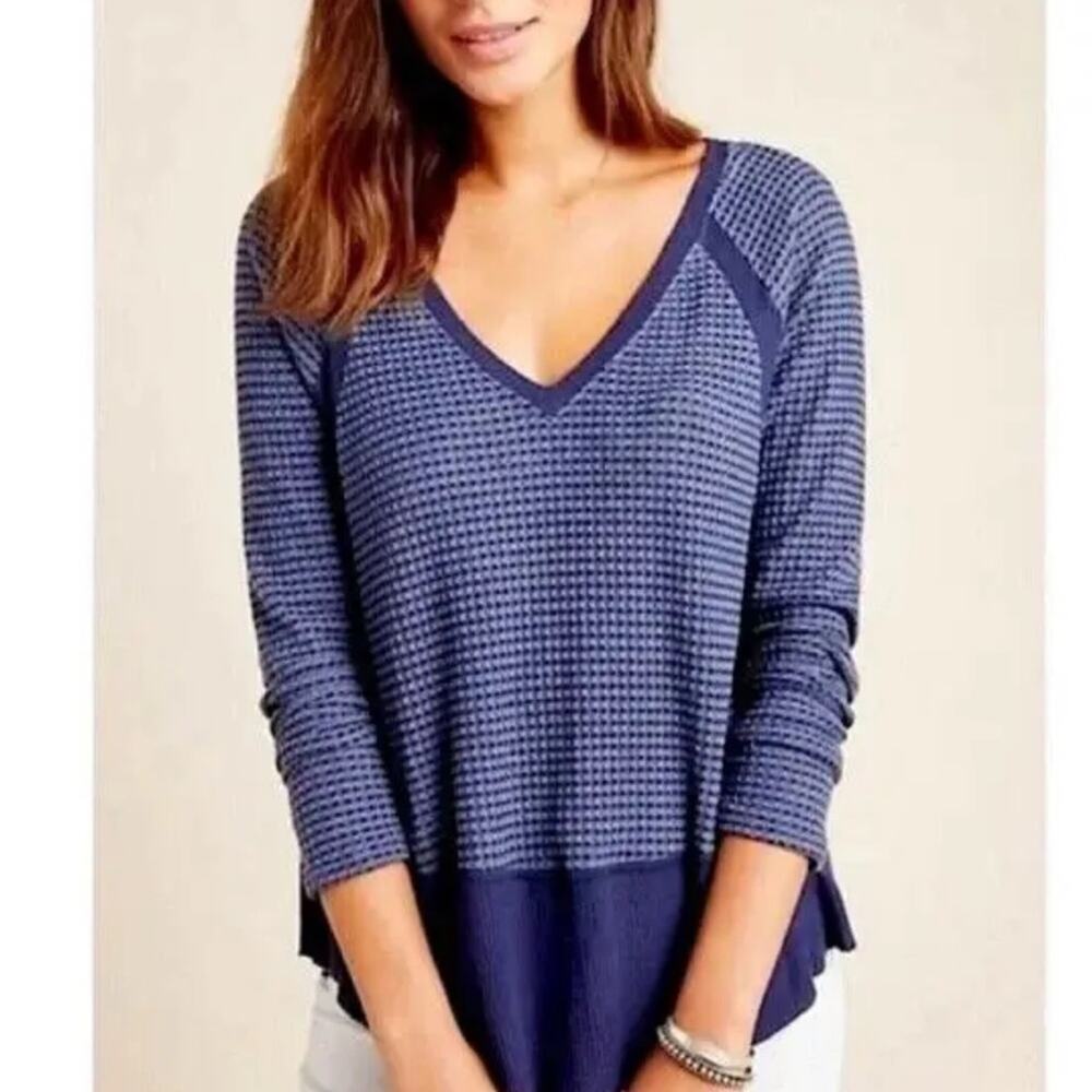 Anthropologie NWT Eri + Ali blue Henley waffle knit ribbed blue v neck top S